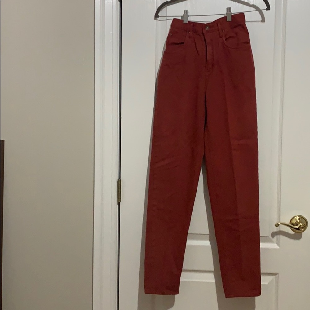 dark/muted red straight leg jeans